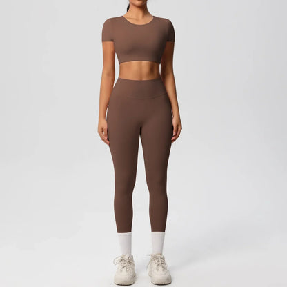 Yoga Suit Women Leggings with Pocketed Quick-Drying Gym Set Women Tracksuit Running Workout Short Sleeves Sports Yoga Clothing