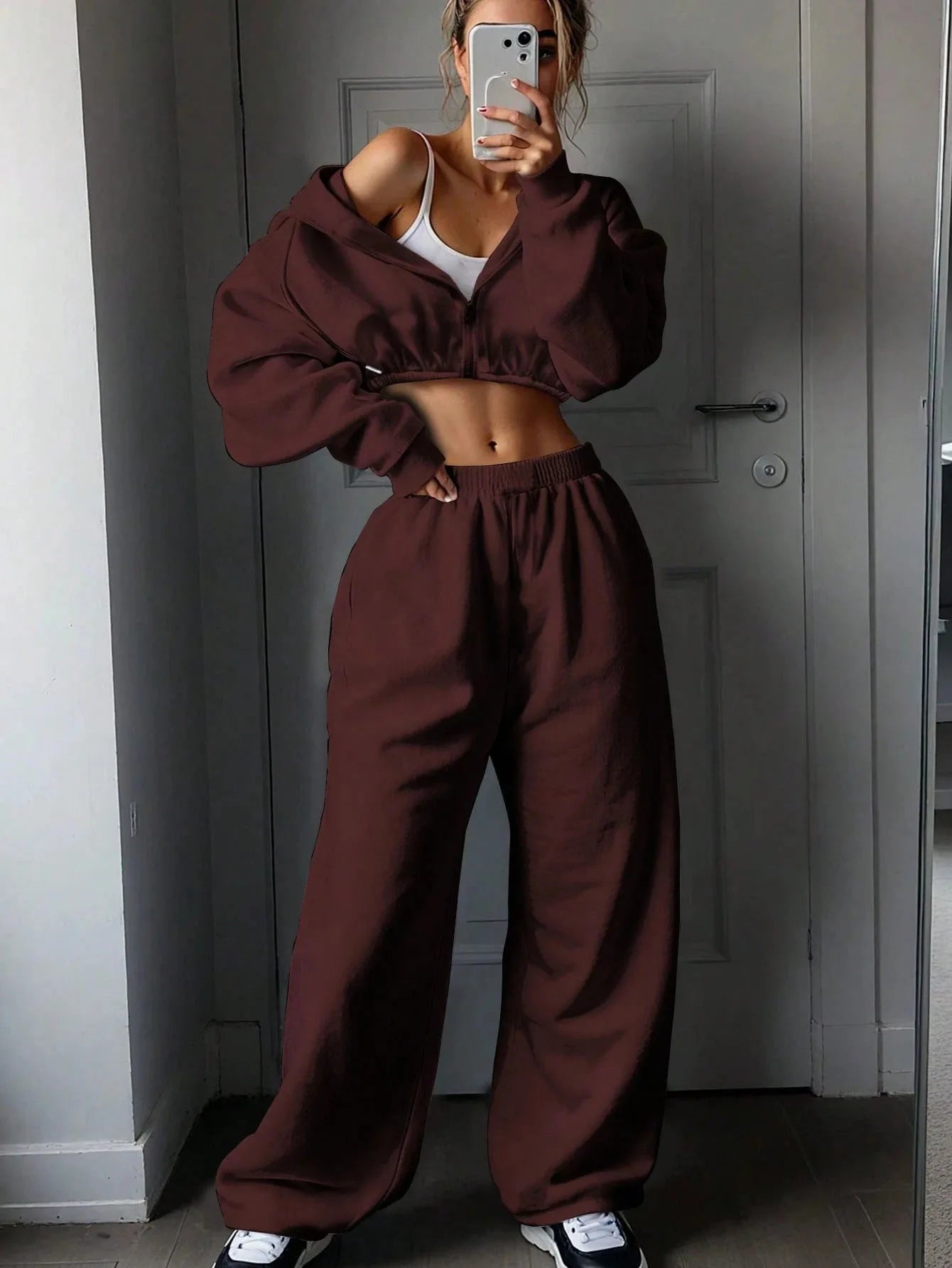 DSMTRC 2025 Autumn Ladies Casual Sport Two Piece Matching Sets Hoodies Crop Top+Sweatpants Pants Suits Black Club Outfits Woman