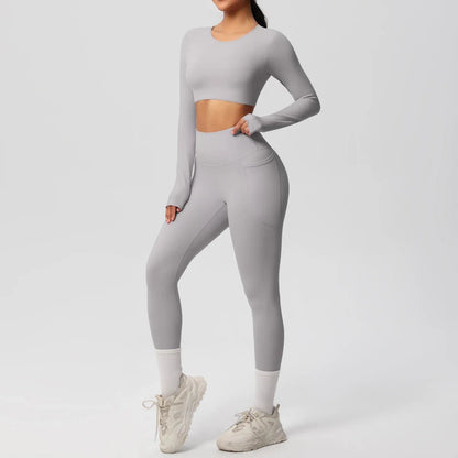 Yoga Set Women Sportswear Yoga Clothes Fitness Long Sleeve With Padded Tracksuits Sports Suit Gym Top High Waist Leggings Pocket
