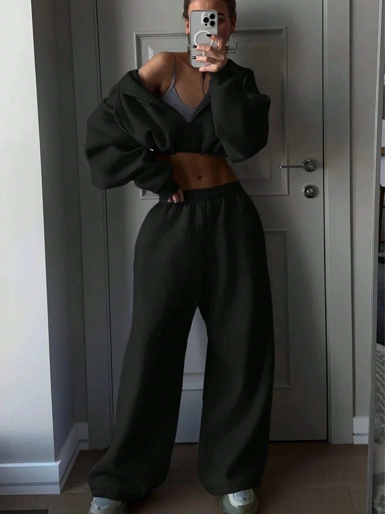 DSMTRC 2025 Autumn Ladies Casual Sport Two Piece Matching Sets Hoodies Crop Top+Sweatpants Pants Suits Black Club Outfits Woman