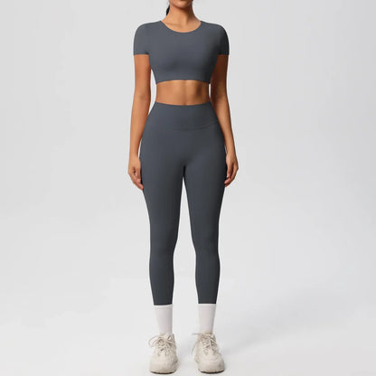 Yoga Suit Women Leggings with Pocketed Quick-Drying Gym Set Women Tracksuit Running Workout Short Sleeves Sports Yoga Clothing