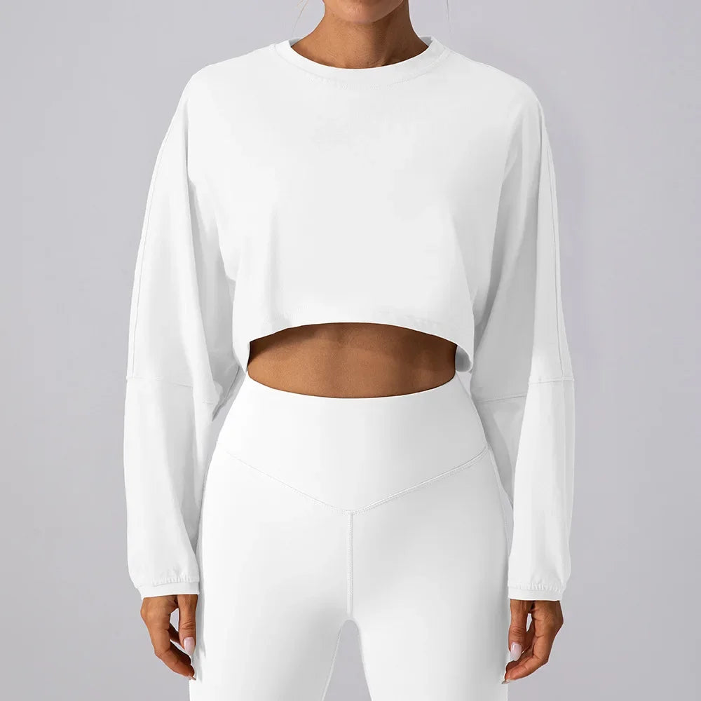 Women Sport O-neck Hoodie Long Sleeve Crop Short Shirt Yoga Running Loose Casual Autunm Outfits Training Workout Gym Sweatshirts