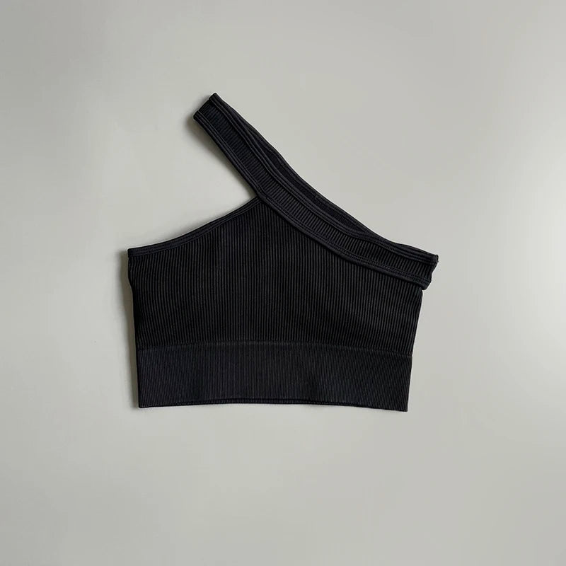 Women's Cropped Yoga Bra Sexy One Shoulder Sports Bra Underwear Padded Gym Seamless Knitted Fitness Breathable Female Bra