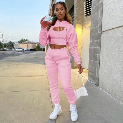 3 Pieces Sets Women Outfits Sweatpants & Hoodie Set Cropped Tops Fleece Pants Suit Tracksuit Fitness Sport Jogger Woman Clothing