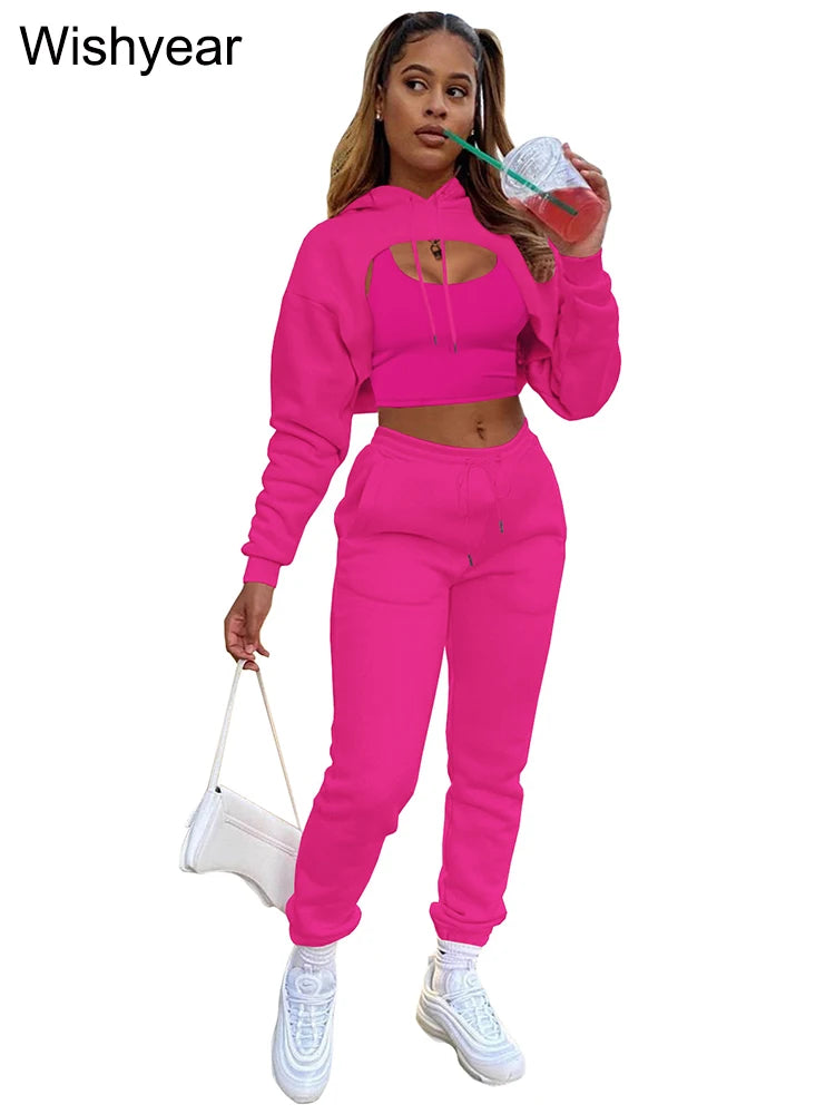 Tracksuit 3 Pieces Pants Sets for Women Velvet Hoodie Crop Tops+Vest+Sweatpants Matching Suit Sport Jogger Winter Fall Outfits