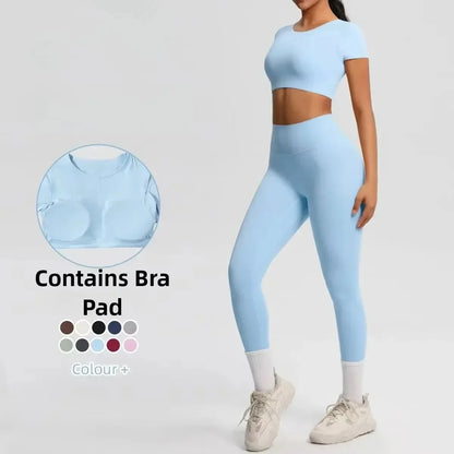 Yoga Suit Women Leggings with Pocketed Quick-Drying Gym Set Women Tracksuit Running Workout Short Sleeves Sports Yoga Clothing