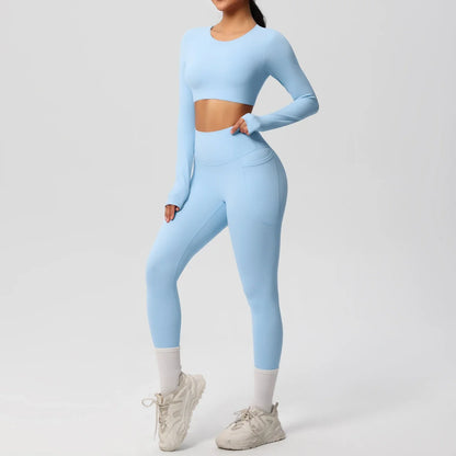 Yoga Set Women Sportswear Yoga Clothes Fitness Long Sleeve With Padded Tracksuits Sports Suit Gym Top High Waist Leggings Pocket