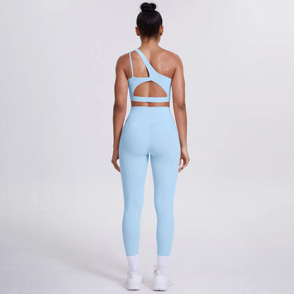 Solid Color Slant Shoulder Bra and Yoga Pants Set for Woman Quick Drying Legging Fitness Sports Gym Yoga Set