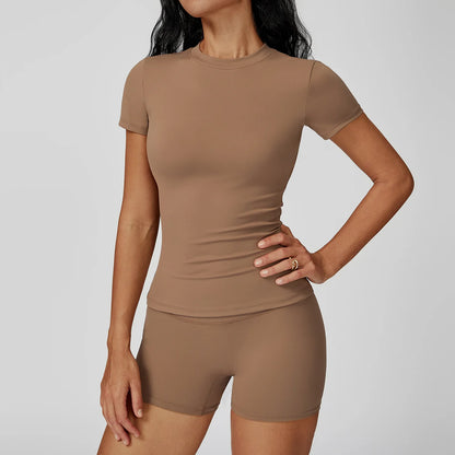 2PCS Yoga Set Women Tracksuits Seamless Workout Set Sportswear Gym Clothing Fitness Sshort Sleeve Crop Top High Waist Leggings