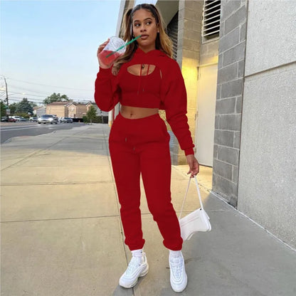 3 Pieces Sets Women Outfits Sweatpants & Hoodie Set Cropped Tops Fleece Pants Suit Tracksuit Fitness Sport Jogger Woman Clothing