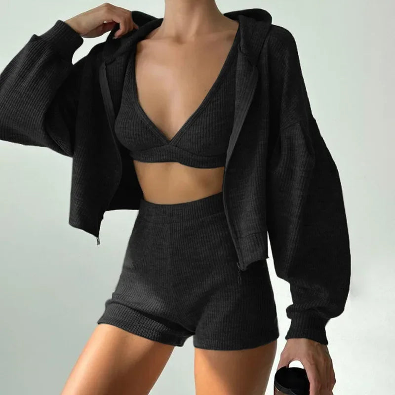 Solid Sport 3 Piece Set Crop Vest Hoodie Tracksuit Women Casual Sweatshirt Coat Mini Short Matching Set Sportswear 3 PCS Outfit