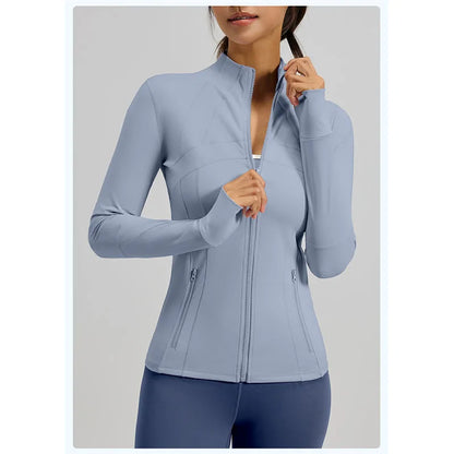 PofyBofy Running Jackets Women Full Zip Up Winter Fall Sports Jackets Workout Yoga Long Sleeve Gym Shirts with Pockets Slim Fit