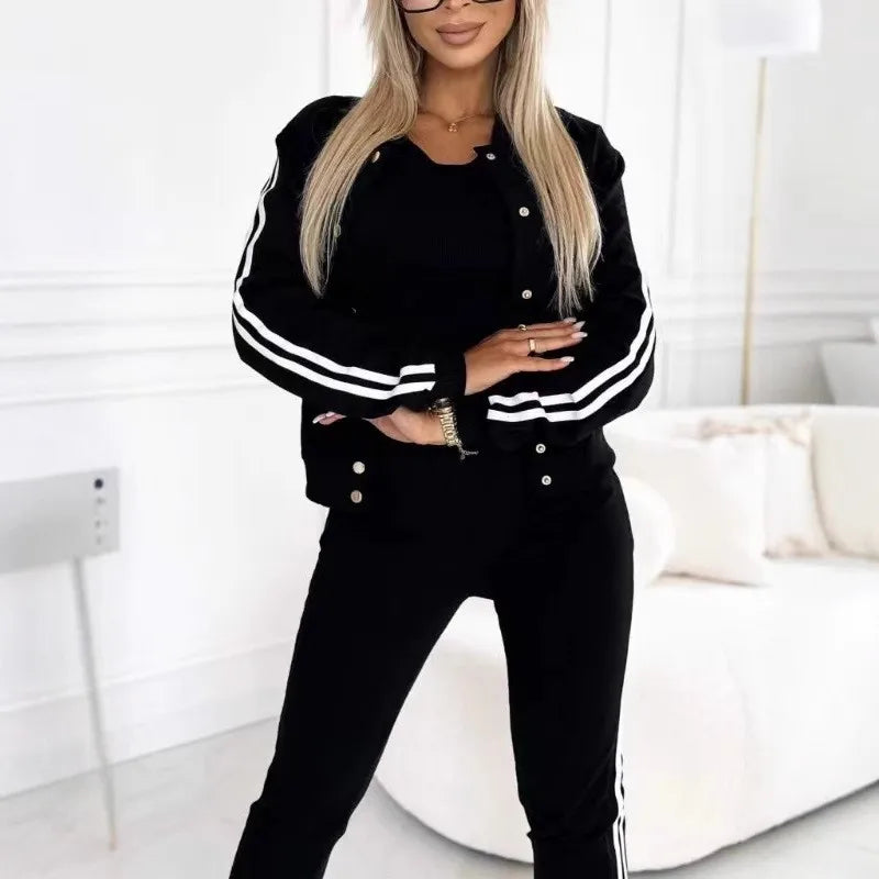 Sport Casual 3 Piece Set Sweatshirt 2025 Solid Color Striped Hooded Jacket + Tank Vest + Slim Trousers Lady Tracksuit Outfit