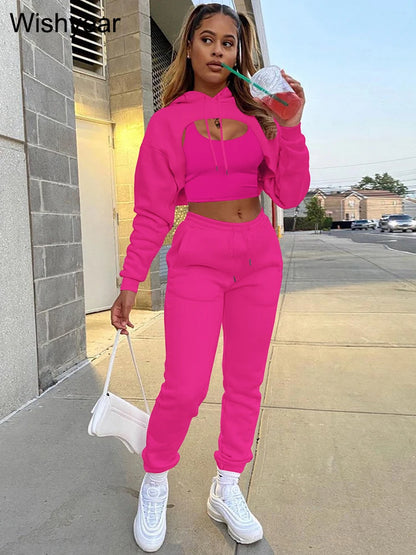 Tracksuit 3 Pieces Pants Sets for Women Velvet Hoodie Crop Tops+Vest+Sweatpants Matching Suit Sport Jogger Winter Fall Outfits