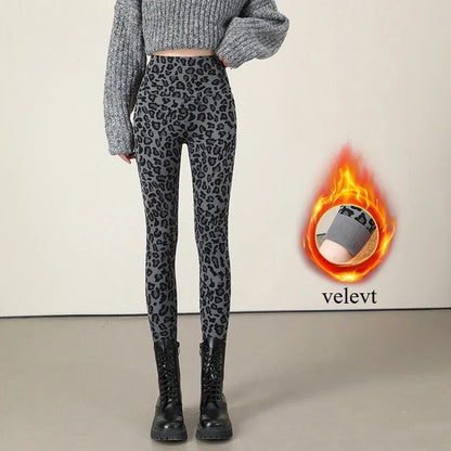 Autumn Winter Leopard Print Leggings Women's Velvet Pants Ankle Length High Waist Slim Elastic Warm Yoga Sport Leggings Women