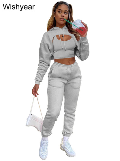 Tracksuit 3 Pieces Pants Sets for Women Velvet Hoodie Crop Tops+Vest+Sweatpants Matching Suit Sport Jogger Winter Fall Outfits