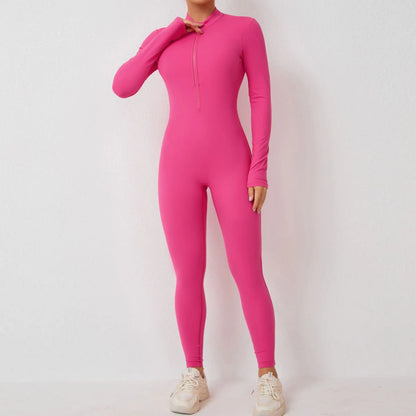 New Nylon Pad Zipper Women Tracksuit Yoga Set One Piece Jumpsuit Workout Scrunch Legging Rompers Sport Gym Active Suit Exercise