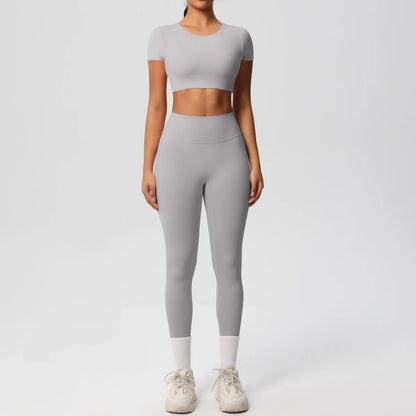 Yoga Suit Women Leggings with Pocketed Quick-Drying Gym Set Women Tracksuit Running Workout Short Sleeves Sports Yoga Clothing