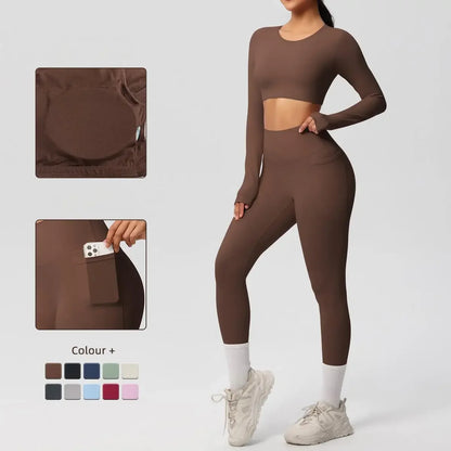 Yoga Set Women Sportswear Yoga Clothes Fitness Long Sleeve With Padded Tracksuits Sports Suit Gym Top High Waist Leggings Pocket