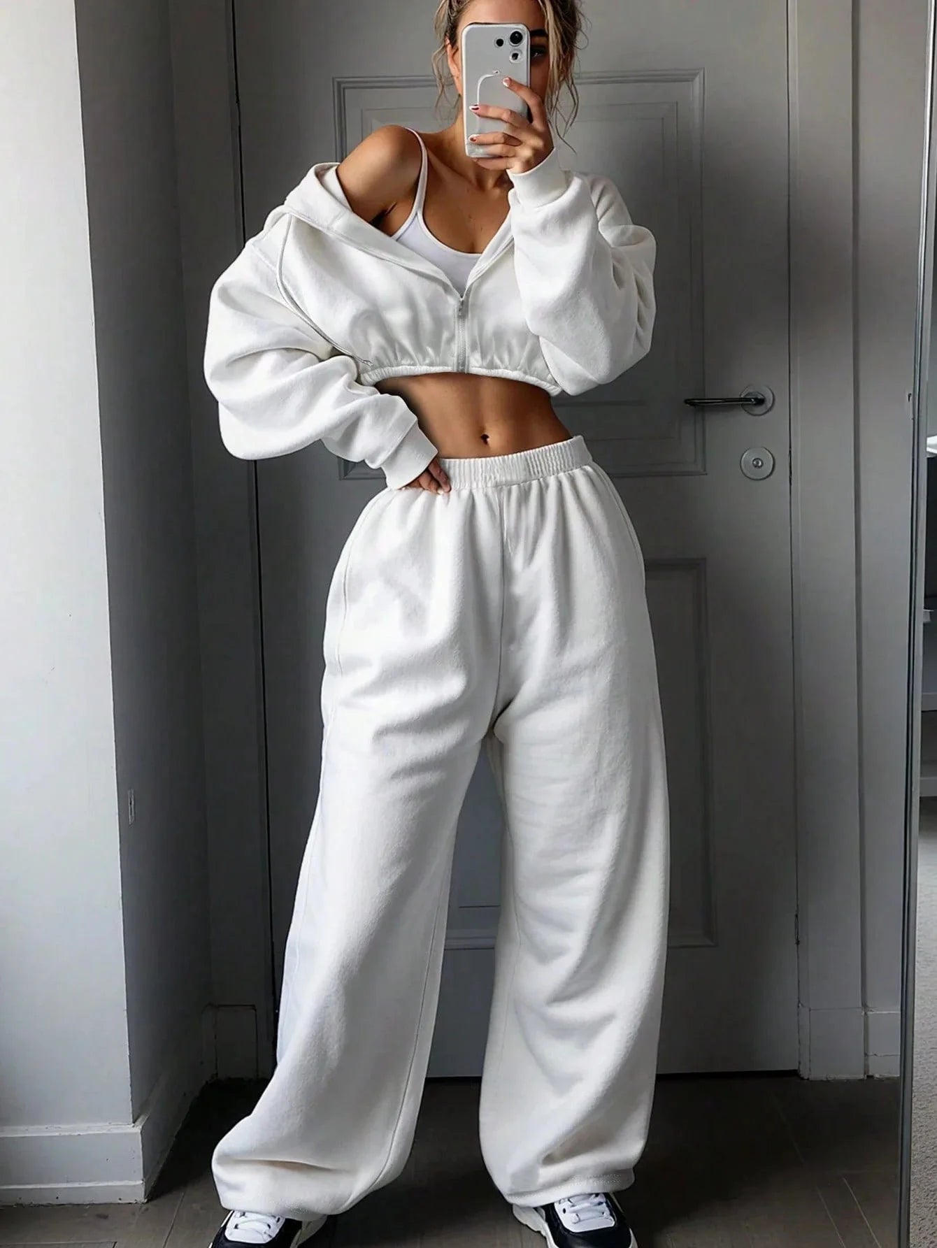 DSMTRC 2025 Autumn Ladies Casual Sport Two Piece Matching Sets Hoodies Crop Top+Sweatpants Pants Suits Black Club Outfits Woman