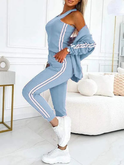 Sport Casual 3 Piece Set Sweatshirt 2025 Solid Color Striped Hooded Jacket + Tank Vest + Slim Trousers Lady Tracksuit Outfit