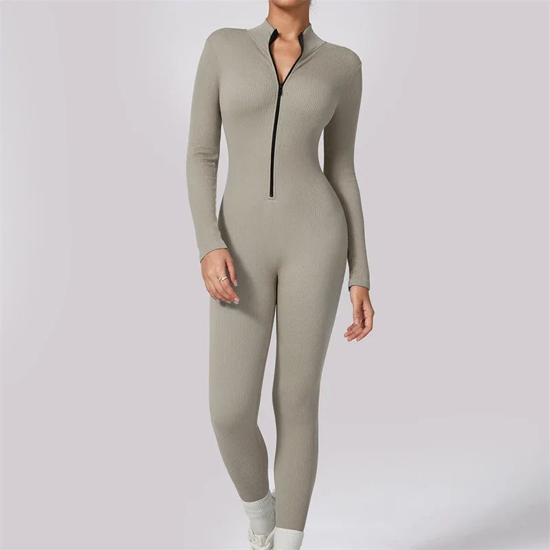 Ribbed Gym Jumpsuits Zipper Sport Romper Longsleeve Fitness Jumpsuit Ladies Workout Overalls Sportwear One Piece Suit
