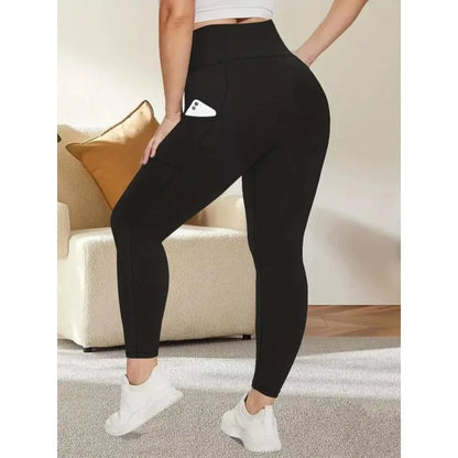 Plus Size 1XL-5XL New Womens Solid Color High Waist Pants  Elasticity Casual Leggings with Pockets Gym Workout Pants