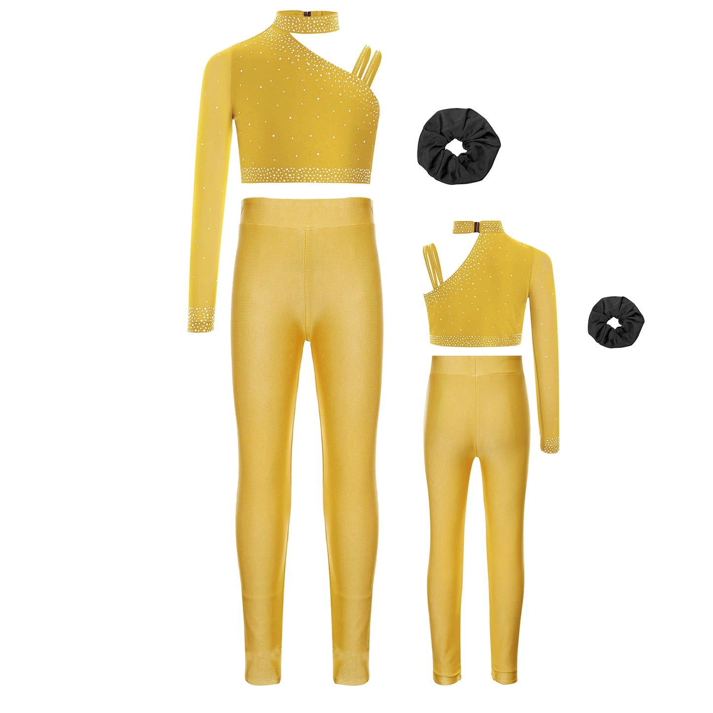Girls Ballet Dance Outfit Unique Irregular Shoulder Rhinestones Crop Top with Hairband Leggings for Figure Skating Gymnastics