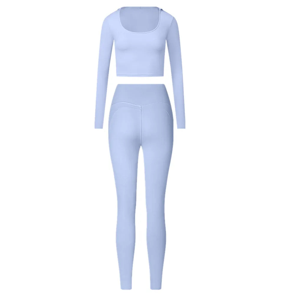 2PCS Hoody Sportswear Long Sleeve Crop Top Women Yoga Set Fitness Bra Workout Clothes Active Gym Legging Athletic Wear Suit XP14