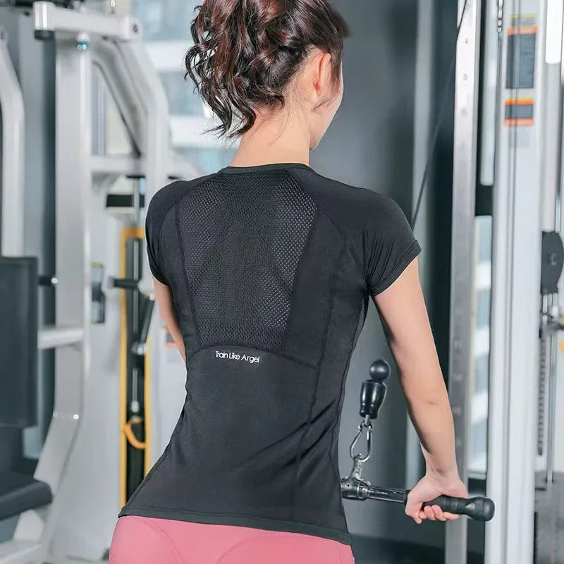 Women Summer T Shirts Slim Fit For Sports Fitness Yoga Short Sleeve Yoga Top Mesh Womens Gym Shirt Sport Wear