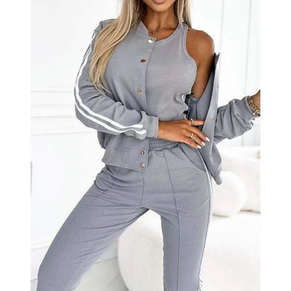 Sport Casual 3 Piece Set Sweatshirt 2025 Solid Color Striped Hooded Jacket + Tank Vest + Slim Trousers Lady Tracksuit Outfit