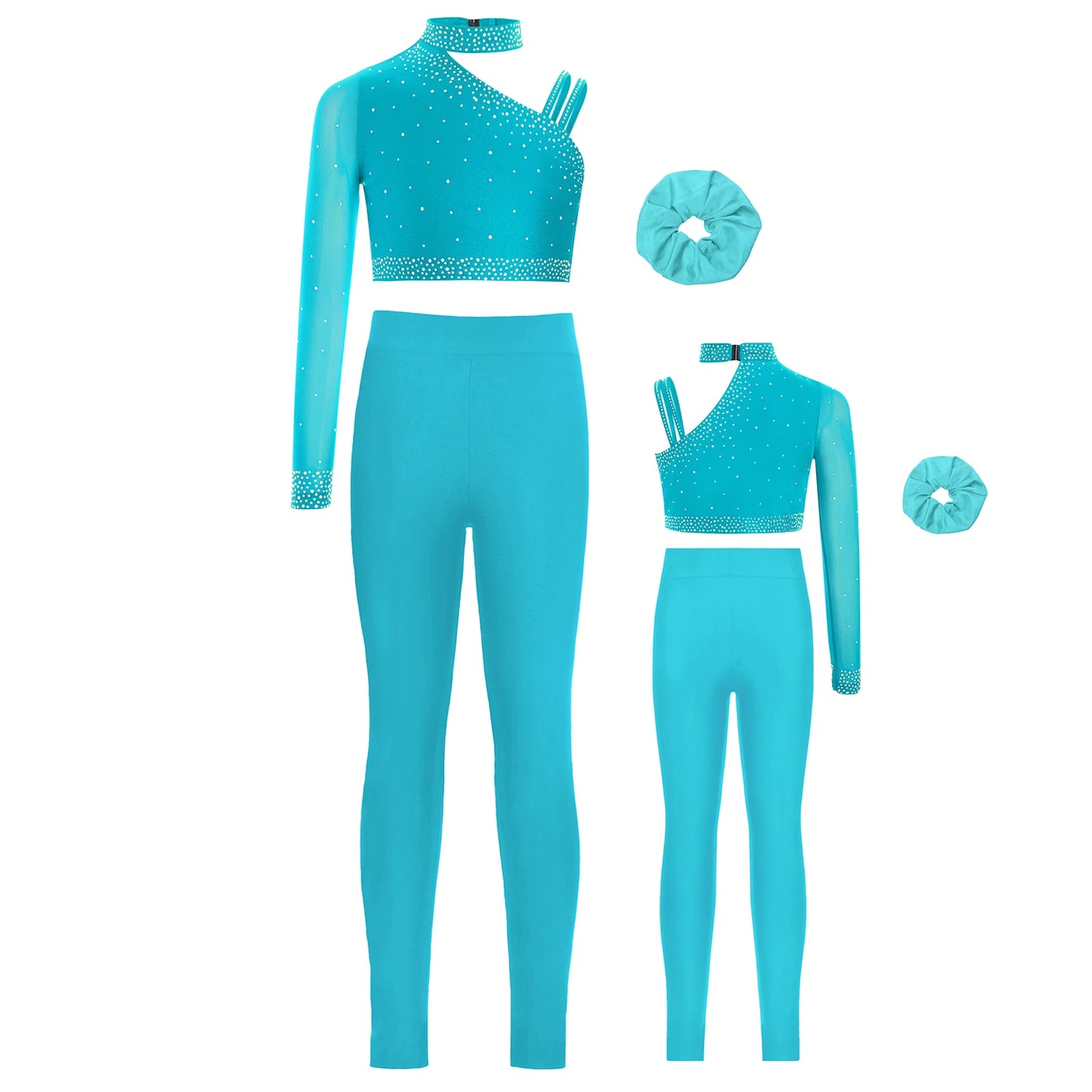Girls Ballet Dance Outfit Unique Irregular Shoulder Rhinestones Crop Top with Hairband Leggings for Figure Skating Gymnastics