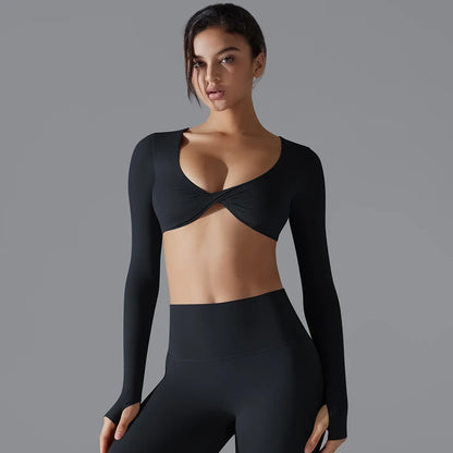 Sexy Cross Long Sleeve Sports Bra Push Up Yoga Crop Top Women Fitness Gym Workout Tops Women Brassiere Sport Female Clothing