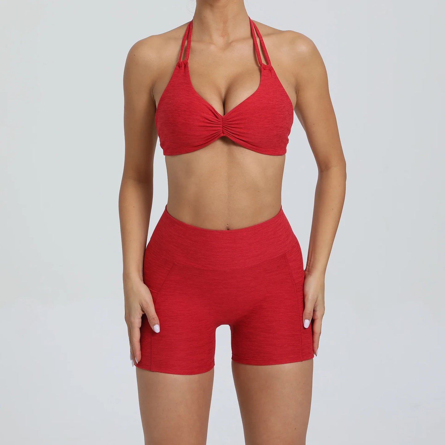 Sport Bra Halter Yoga Set Gym Pocket V Back Shorts Women Workout Tops Women Fitness Leggings Gym Active Wear