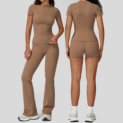 2PCS Yoga Set Women Tracksuits Seamless Workout Set Sportswear Gym Clothing Fitness Sshort Sleeve Crop Top High Waist Leggings