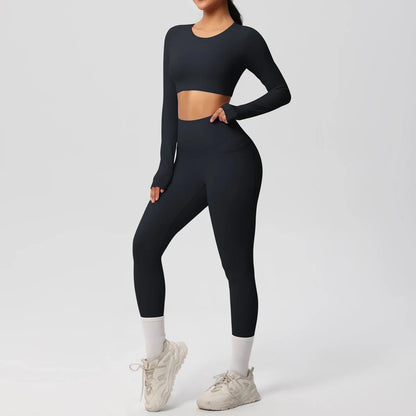 Yoga Set Women Sportswear Yoga Clothes Fitness Long Sleeve With Padded Tracksuits Sports Suit Gym Top High Waist Leggings Pocket