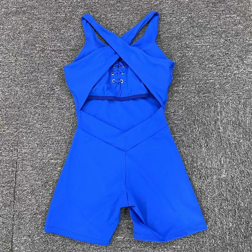 2024 New Lycra Pad Laced Yoga Set Hip Lifting Squat Proof Shorts Sports One Piece Jumpsuit Gym Fitness Bodysuit Active Romper