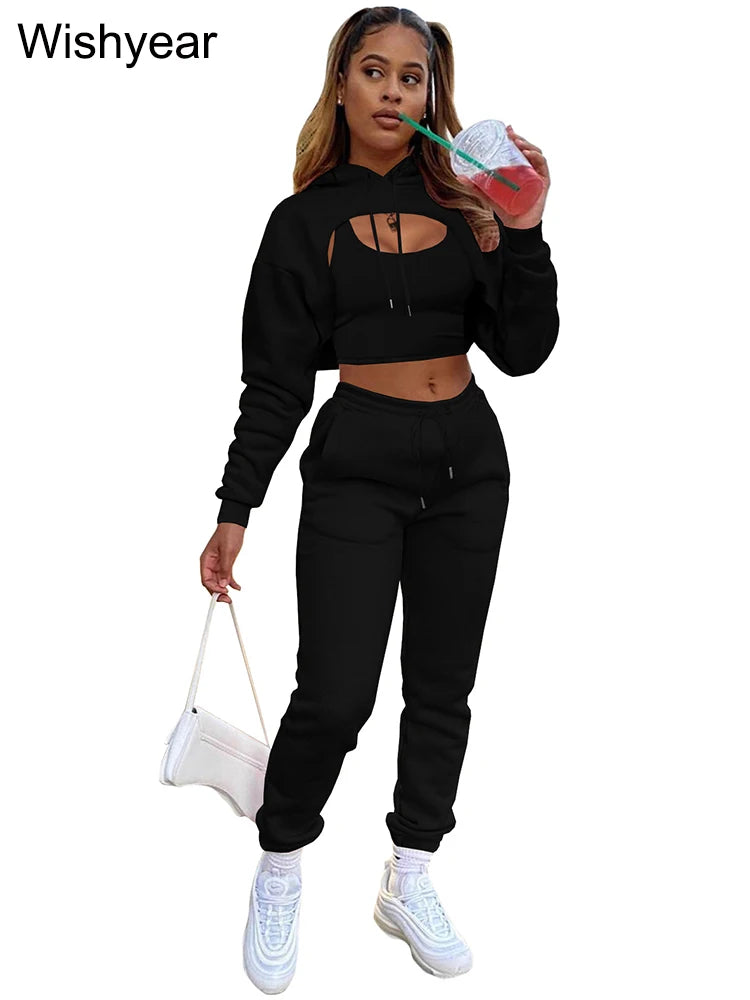 Tracksuit 3 Pieces Pants Sets for Women Velvet Hoodie Crop Tops+Vest+Sweatpants Matching Suit Sport Jogger Winter Fall Outfits