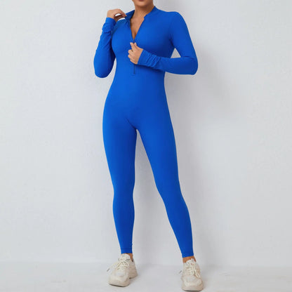 New Nylon Pad Zipper Women Tracksuit Yoga Set One Piece Jumpsuit Workout Scrunch Legging Rompers Sport Gym Active Suit Exercise