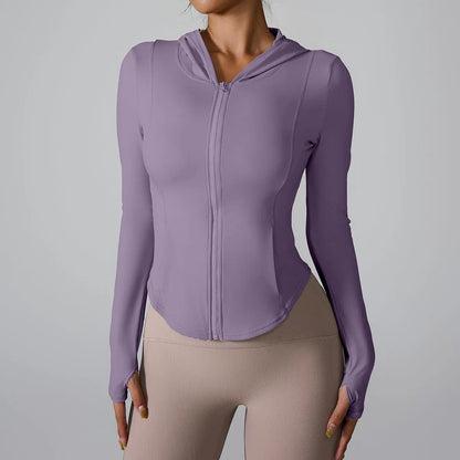 2024 European and American new long-sleeved sports jacket hooded running fitness clothes zipper yoga long-sleeved jacket