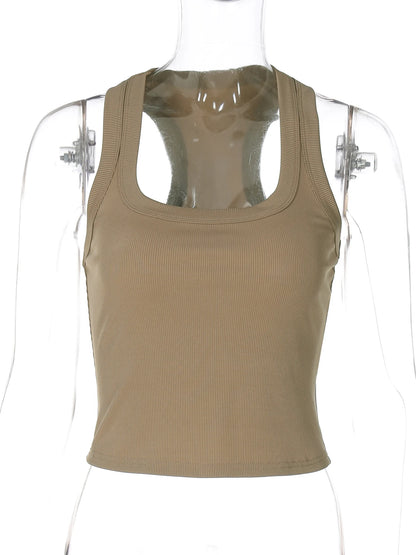 DGLUKE Square Neck Ribbed Tank Top Woman Raceback Sleeveless Jersey Top Summer Fitted Gym Sports Tops