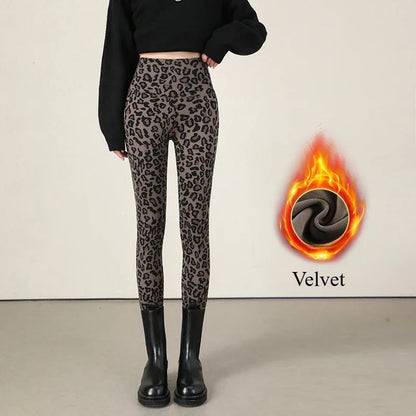 Autumn Winter Leopard Print Leggings Women's Velvet Pants Ankle Length High Waist Slim Elastic Warm Yoga Sport Leggings Women