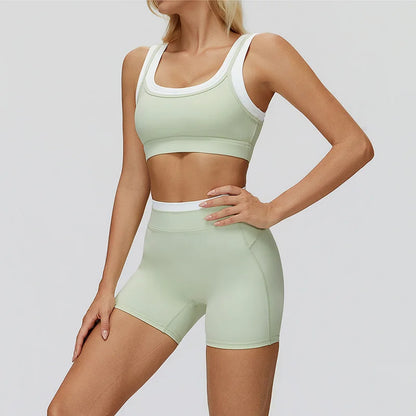 TRY TO BN Yoga Shorts Sets Women's Tracksuit Two Fake Pieces Sports Ribbed Contrasting Color Workout Running Fitness Gym Clothes