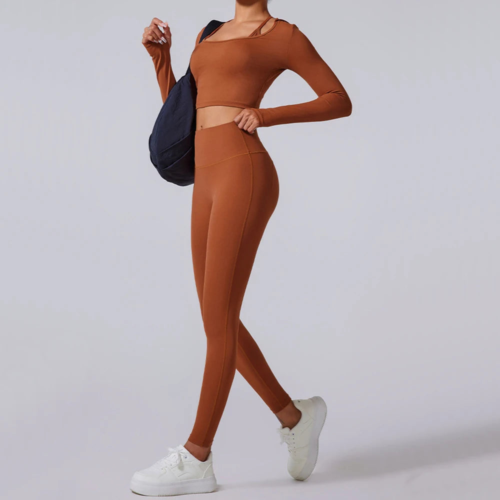 2PCS Hoody Sportswear Long Sleeve Crop Top Women Yoga Set Fitness Bra Workout Clothes Active Gym Legging Athletic Wear Suit XP14