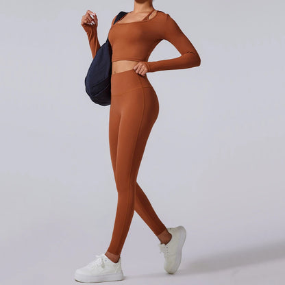 2PCS Hoody Sportswear Long Sleeve Crop Top Women Yoga Set Fitness Bra Workout Clothes Active Gym Legging Athletic Wear Suit XP14