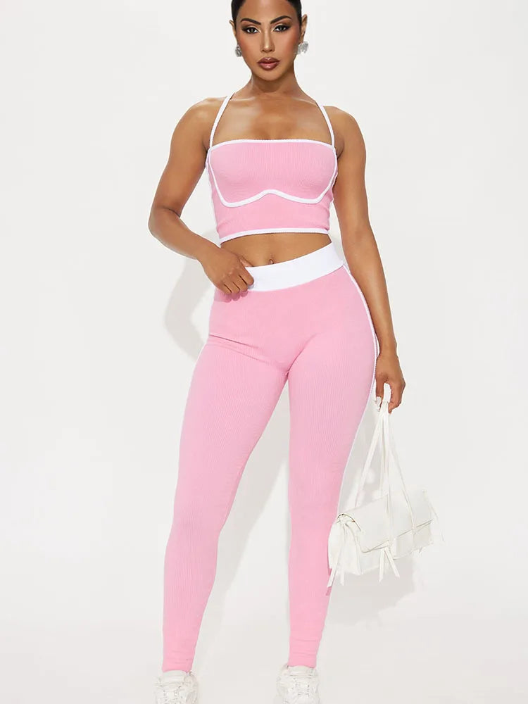 Doyerl Striped Knitted Tracksuit Woman Two Piece Set Sporty Fitness Camisole Crop Top and Sweatpants Joggers Running Yoga Sets
