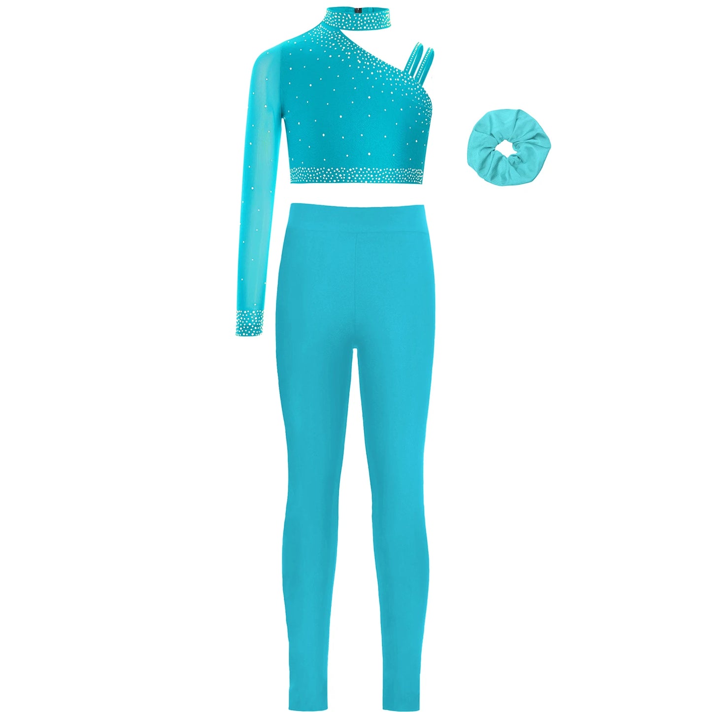 Girls Ballet Dance Outfit Unique Irregular Shoulder Rhinestones Crop Top with Hairband Leggings for Figure Skating Gymnastics