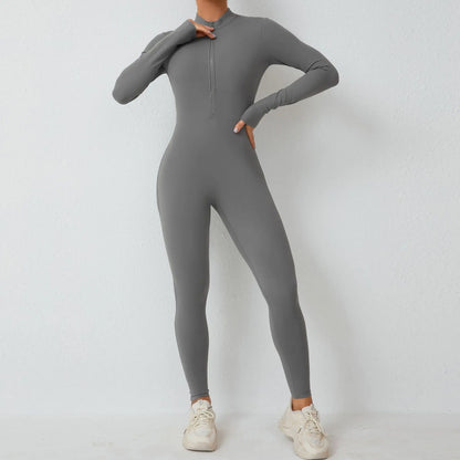 New Nylon Pad Zipper Women Tracksuit Yoga Set One Piece Jumpsuit Workout Scrunch Legging Rompers Sport Gym Active Suit Exercise