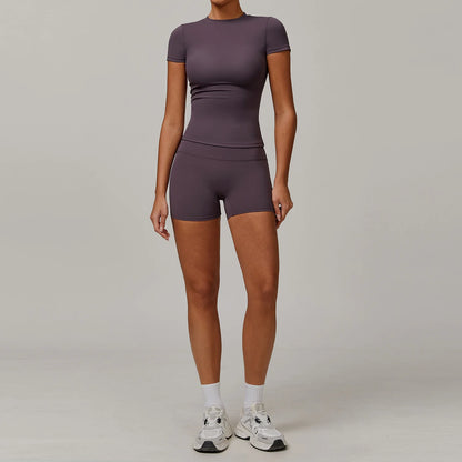 2PCS Yoga Set Women Tracksuits Seamless Workout Set Sportswear Gym Clothing Fitness Sshort Sleeve Crop Top High Waist Leggings