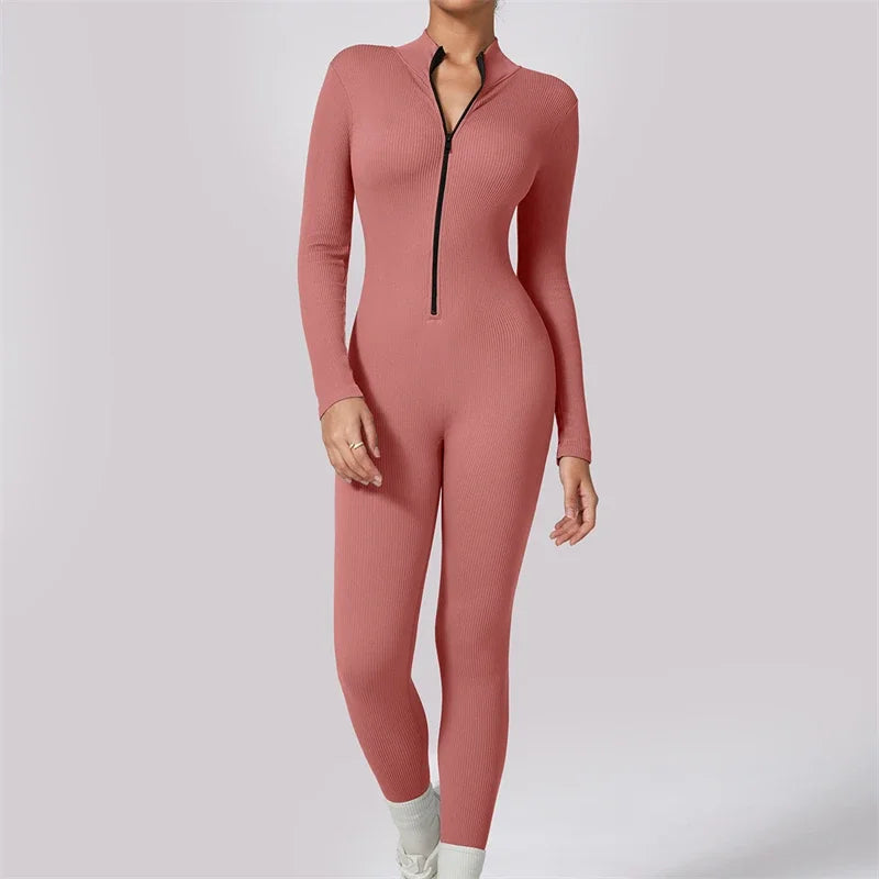 Ribbed Gym Jumpsuits Zipper Sport Romper Longsleeve Fitness Jumpsuit Ladies Workout Overalls Sportwear One Piece Suit
